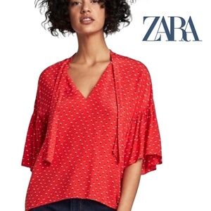 ZARA Blouse Top Shirt Flutter Butterfly Sleeve Bow Tie Neck Hi Low Relaxed Fit